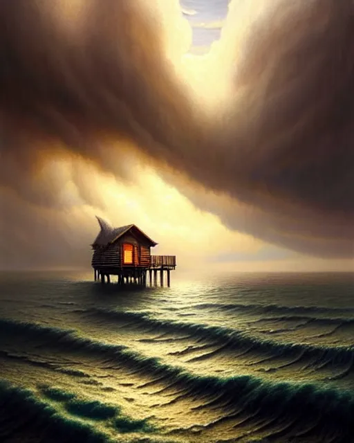 Prompt: a hyper - detailed 3 d render like an oil painting of cabin dreaming of the untamed ocean!!!!! surreal concept art, lifelike, photorealistic, digital painting, aesthetic, smooth, sharp focus, artstation hd, by greg rutkowski, bruce pennington, valentina remenar, rhads, asher duran,