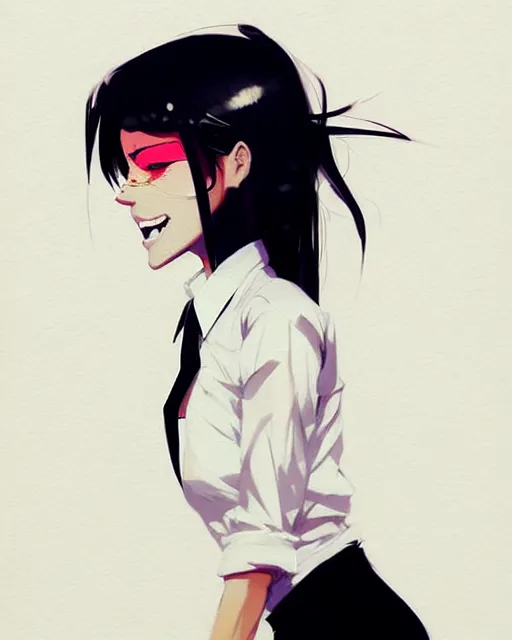 Image similar to a ultradetailed beautiful panting of a stylish woman, she is wearing a white shirt with a tie and black pants, by conrad roset, greg rutkowski and makoto shinkai trending on artstation