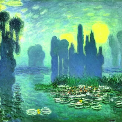 Image similar to gloomy underwater pastoral dreamscape by claude monet, from legend of zelda water temple level