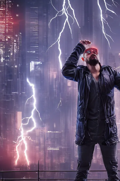 Prompt: man with lightning in his hands flying several meters above the ground with his arms crossed and with a long jacket, cyberpunk, in Paris,, realistic, high definition, many details, symmetrical face, realistic eyes, unreal engine art 5