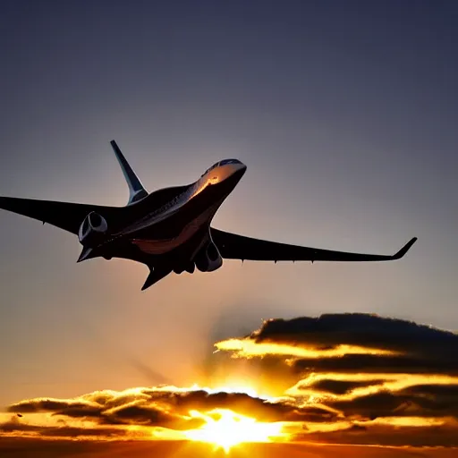 Prompt: an airplane designed by boeing and zaha hadid, dramatic lighting, sunrise, bokeh
