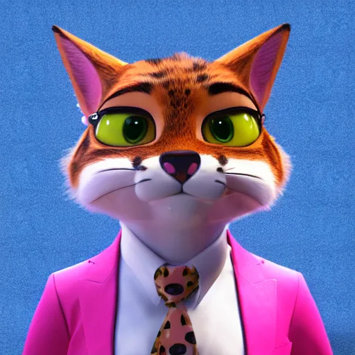 Image similar to portrait, 3d render , anthropomorphic cat, wearing a Pink tux, in the style of Zootopia