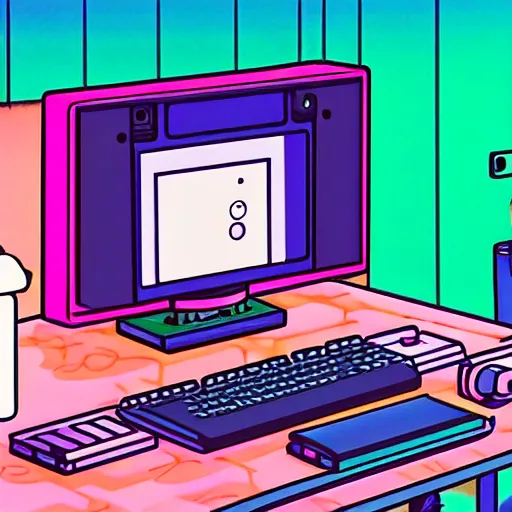 Image similar to girl sitting at her computer, sprite, vaporwave nostalgia, directed by beat takeshi, visual novel cg, 8 0 s anime vibe, kimagure orange road, maison ikkoku, sketch by osamu tezuka, directed by makoto shinkai and beat takeshi