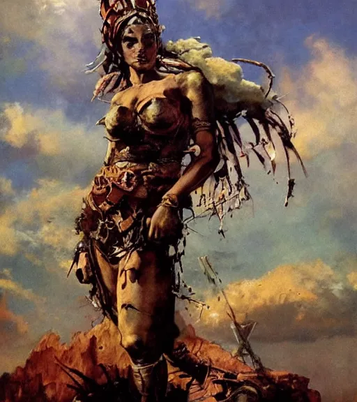 Image similar to mighty princess of the wasteland, scrap metal headdress, damaged building, strong line, deep color, cloudy sky, beautiful! coherent! by brom, by frank frazetta,