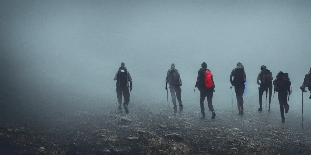 Prompt: A hiking group walking up to a giant black cloud, horror movie cinematic, rain stormy fog, terrifying nightmare