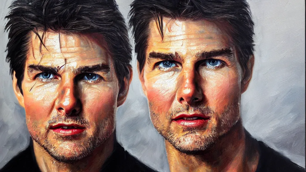 Image similar to A portrait painting of Tom Cruise; the most beautiul painting in the world; trending on artstation; oil on canvas; correct face; correct eyes; anatomically correct; extraordinary masterpiece!!!!!!; 8k