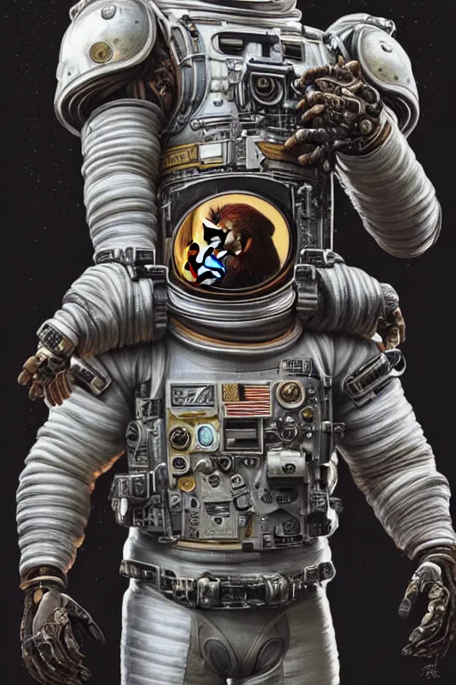 Image similar to a portrait of a muscular anthropomorphic cyberpunk orangutang in spacesuit armor with ensignia on chest plate by sandra chevrier, by jon foster, detailed render, pistol in holster, extremely hyperdetailed, tape deck, epic composition, cybernetics, 4 k realistic, cryengine, realistic shaded lighting, sharp focus, masterpiece, by enki bilal