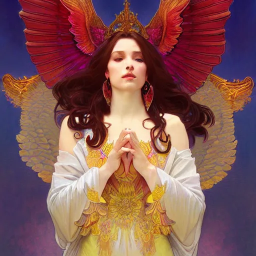 Image similar to a beautiful orchid phoenix angel woman, in an ornamented dress with large wings, volumetric light, god rays, 8 k high resolution, rubies, by alphonse mucha, artgerm, greg rutkowski