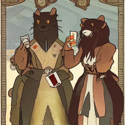 Prompt: anthropomorphic minks dressed as humans playing D&D, cartoon style, studio ghibli, mucha