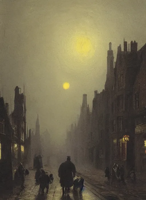 Image similar to 1 9 th century london, dark, shady alleys, pub, pub sign, thick fog, coherent composition, art by caspar david friedrich, thomas lawrence, john martin