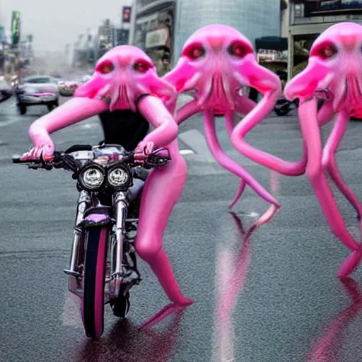 Image similar to hyper realistic, photo, humanoid pink female Squid creatures riding a motorcycle fast in the rainy city traffic