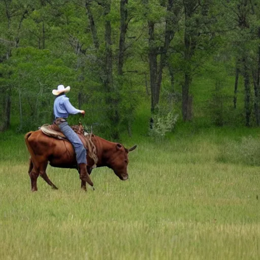 Image similar to a cowboy riding a cow next to the ozarks