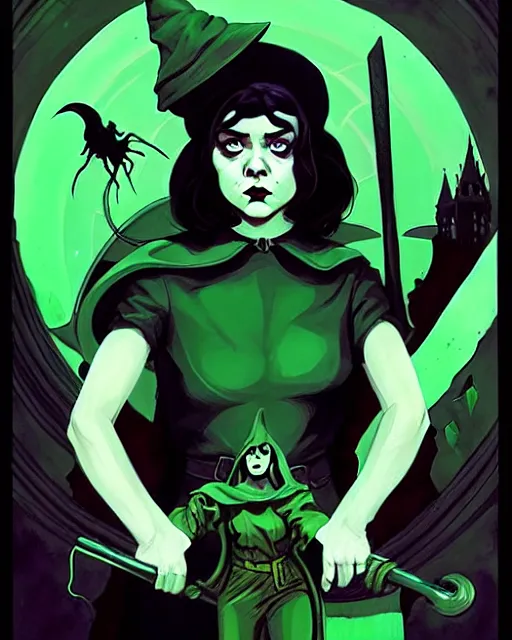 Image similar to rafael albuquerque comic art, peter mohrbacher, phil noto, artgerm, pretty evil maisie williams witch, black and green dress, symmetrical eyes