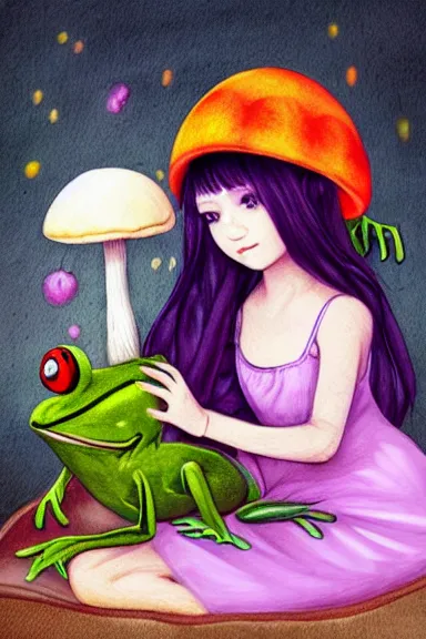 Prompt: a beautiful little girl wearing a mushroom hat sitting on her bed petting a frog in her lap | | purple hair, pretty face, braids in hair, fine details, in arcane art style, trending on pixiv, anatomically correct