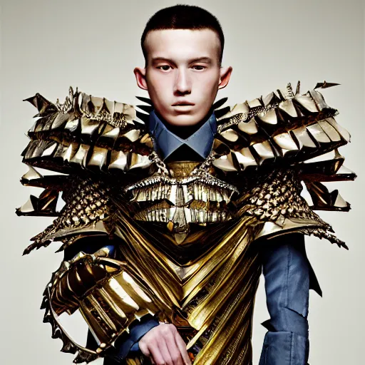 Image similar to a portrait of a beautiful young male wearing an alexander mcqueen armor made of origami , photographed by andrew thomas huang, artistic