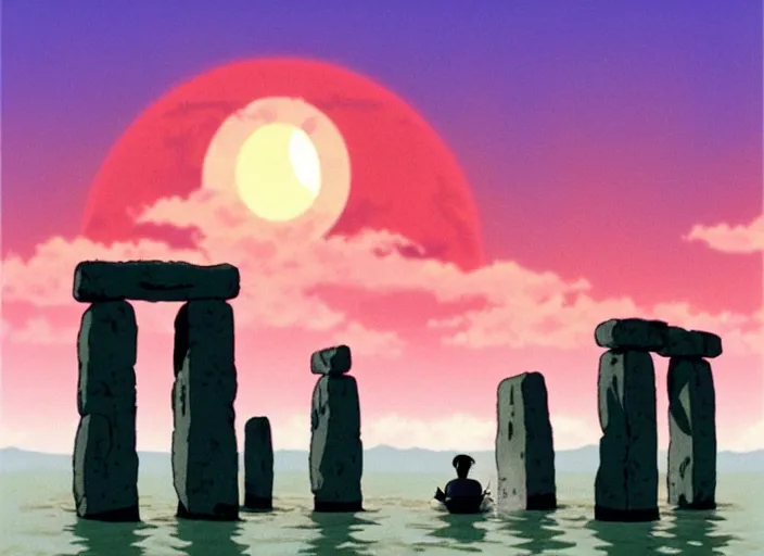 Prompt: a realistic cell - shaded studio ghibli concept art from paprika ( 2 0 0 6 ) of a magic ritual from close encounters of the third kind ( 1 9 7 7 ) and a grey creature meditating on top of a pillar in a flooded stonehenge on a misty starry night. very dull colors, hd, 4 k, hq