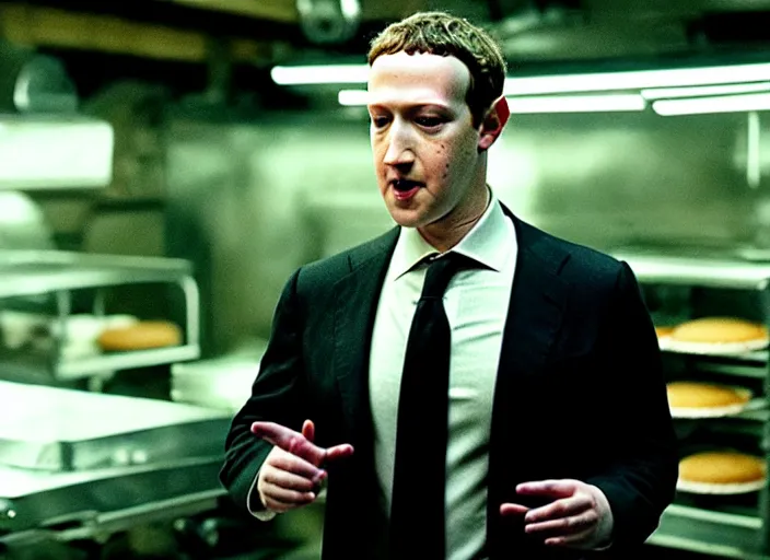 Image similar to film still of mark zuckerberg as agent smith working in a bakery in the new matrix movie, 4 k