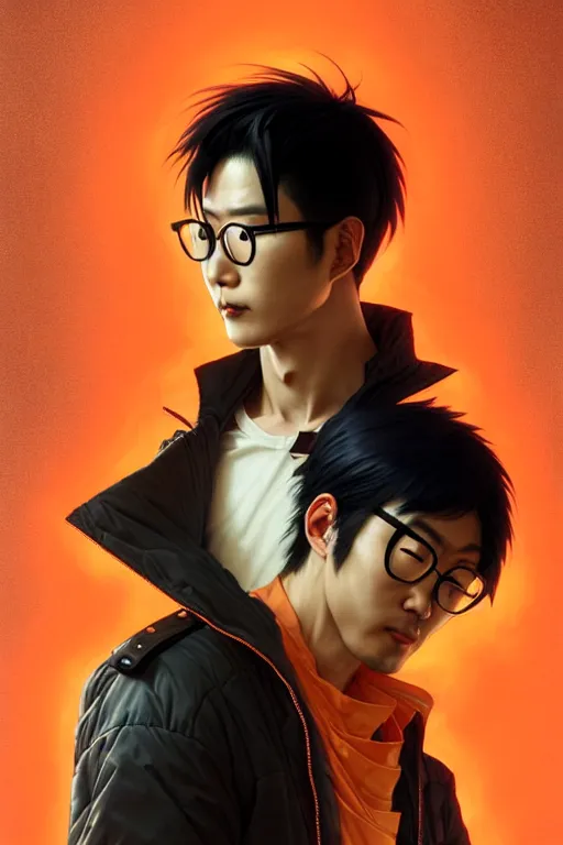 Image similar to a japanese man with short black hair, broad shoulders, thick round spectacles, wearing a bright orange bomber jacket, seductive cyberpunk dark fantasy, art by artgerm and karol bak and moebius and alphonse mucha and greg rutkowski, hyperdetailed, ultrarealistic, octane render