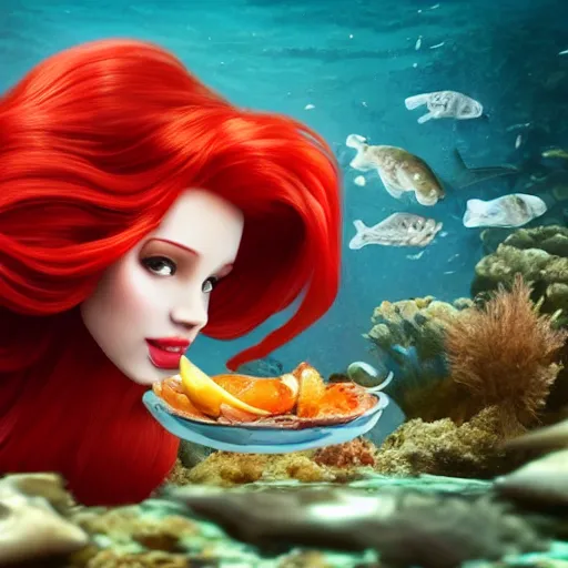 Prompt: ariel eating a fish dinner, hyper realistic, beautiful, 4 k, red hair, succulent, under water, banquet