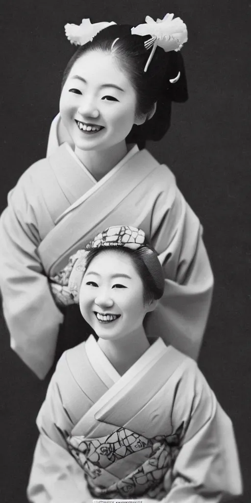 Image similar to A photo of young Japanese geisha smiling at camera and wearing T-shirt