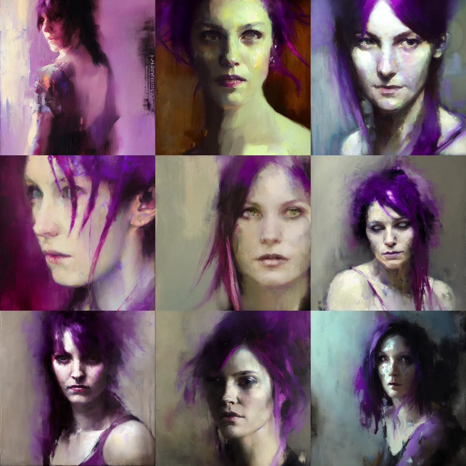 Prompt: Portrait of a purple haired woman, by Jeremy Mann