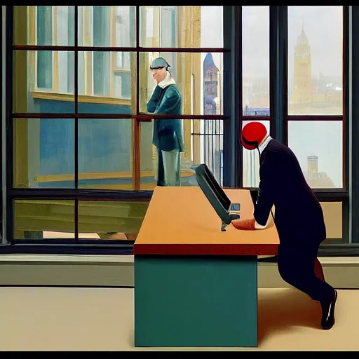 Image similar to A fine art painting of a man wearing Vr goggles dressed in tech wear and creating the metaverse at a desk through a window on a British street. In the style of Edward Hopper and Wes Anderson