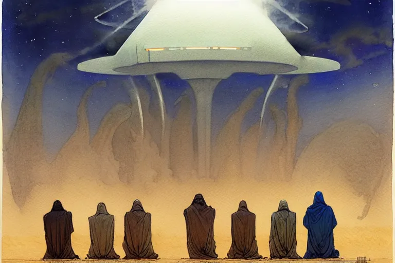 Image similar to a hyperrealist watercolour character concept art portrait of a group of middle eastern men kneeling down in prayer in front of a giant angel on a misty night in the desert. a ufo is in the background. by rebecca guay, michael kaluta, charles vess and jean moebius giraud