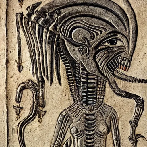 Image similar to ancient egyptian art of xenomorph giger alien