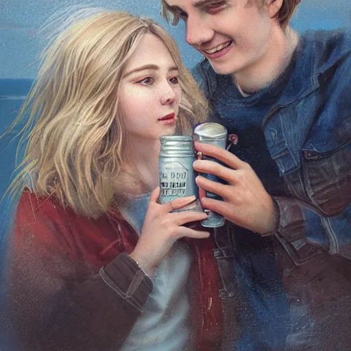 Image similar to a highly detailed portrait of a young couple from the side, holding a tin can, remote icelandic village, summer, jeans and t shirt, blonde hair, muted colors, joy, by tom bagshaw, trending on artstation,