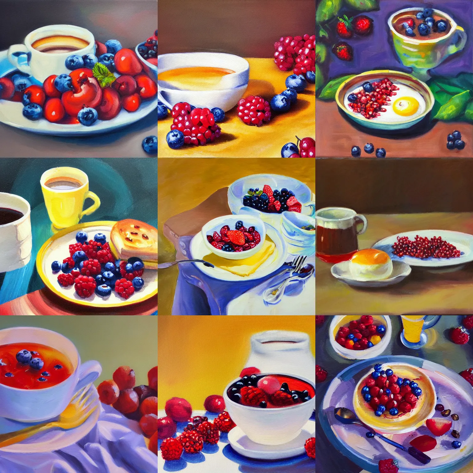 Prompt: oil painting of breakfast with berries and coffee, thick strokes, vibrant, colorful