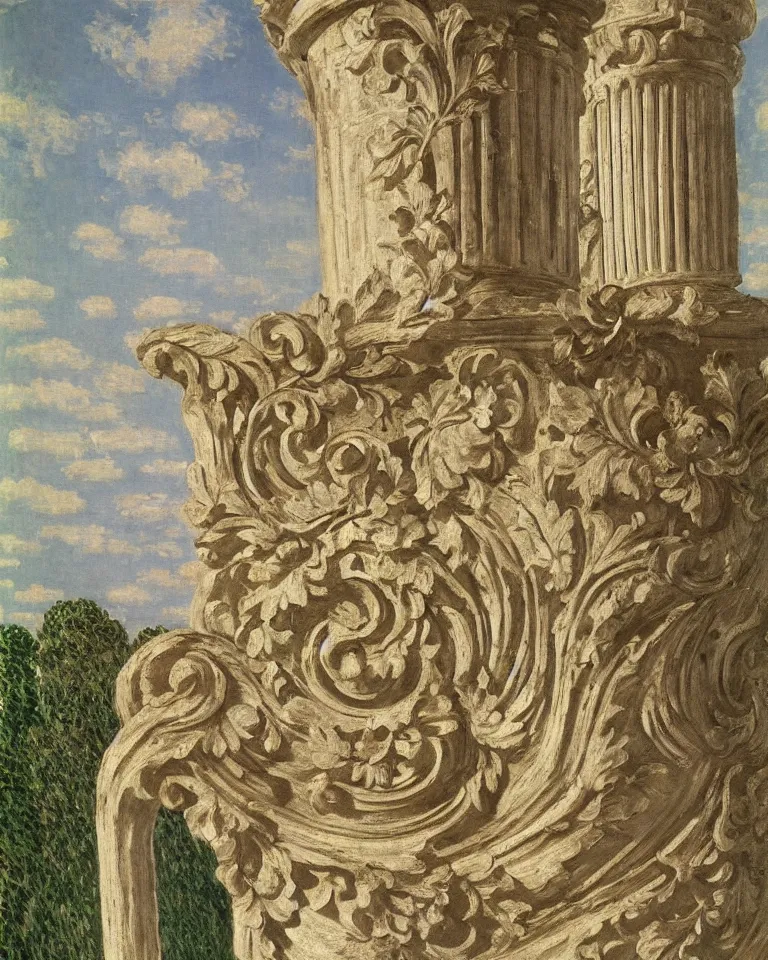 Image similar to achingly beautiful painting of intricate ancient roman corinthian capital on flat floral background by rene magritte, monet, and turner. piranesi.