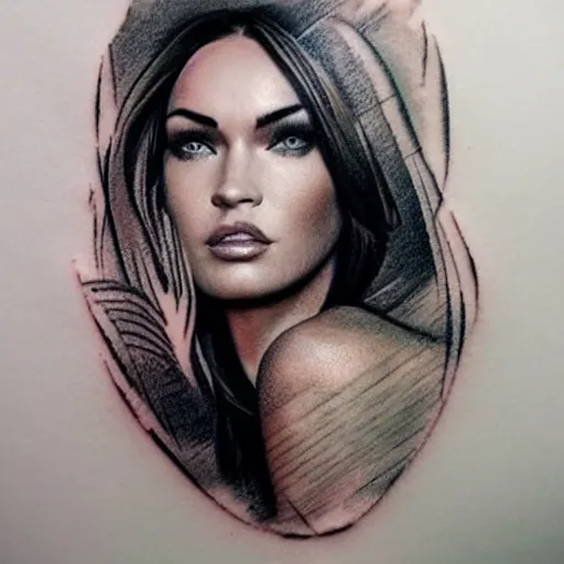 Image similar to double - exposure tattoo sketch of megan fox face and beautiful mountains, mash up, blending, in the style of dan mountford