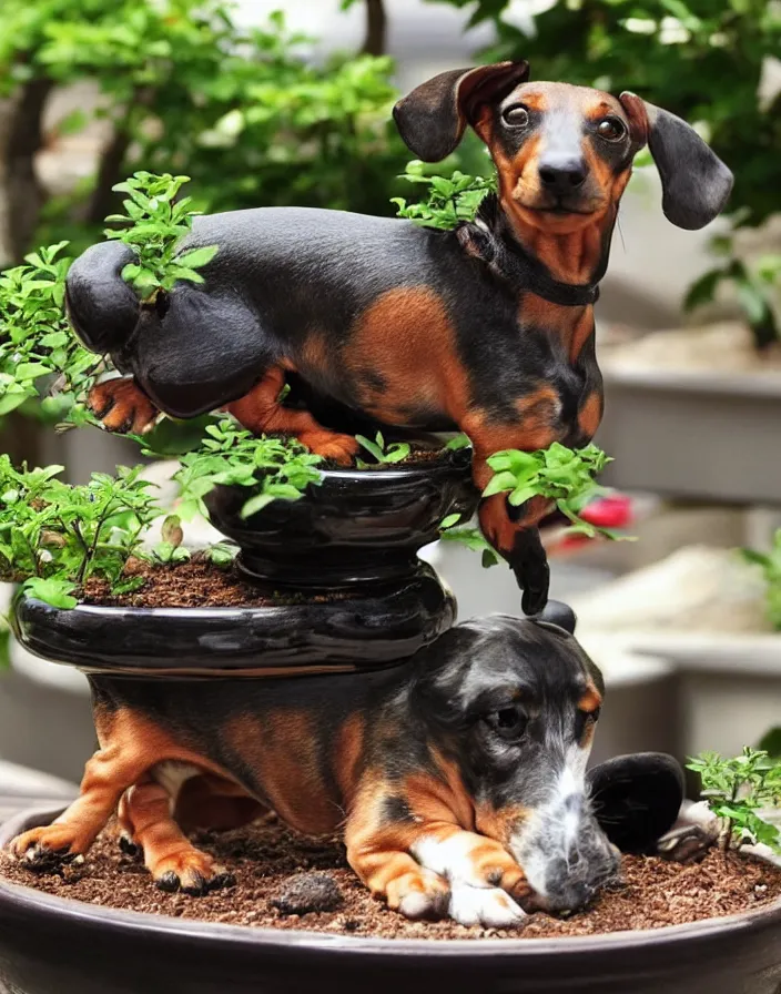 Prompt: Dachshund growing from a bonsai pot