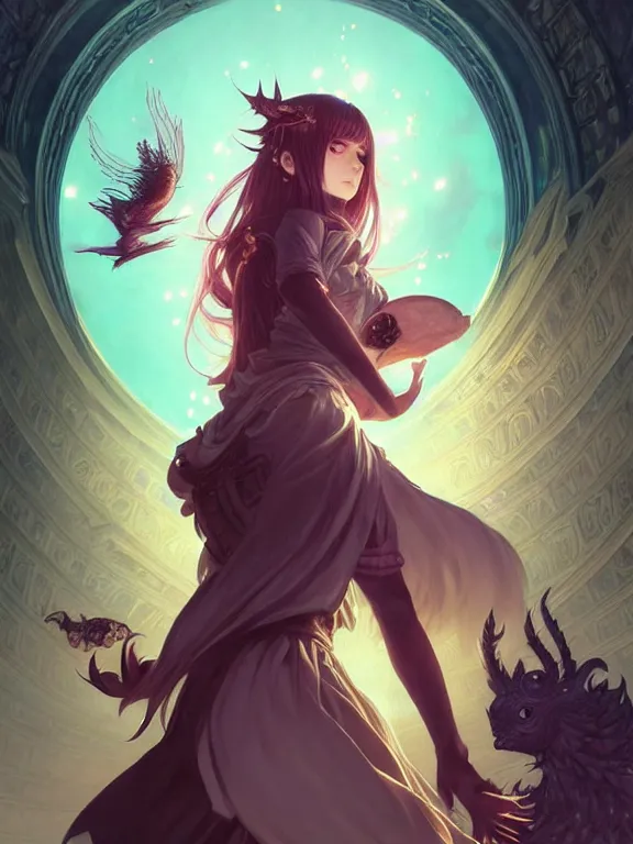 Prompt: full body picture of a female summoner with creatures in the city, coveted, beautiful and aesthetic, intricate, unreal engine, messy hair, highly detailed, detailed face, smooth, sharp focus, chiaroscuro, manga illustration, artgerm, greg rutkowski, ilya kuvshinov, rossdraws, alphonse mucha, young adult light novel cover art