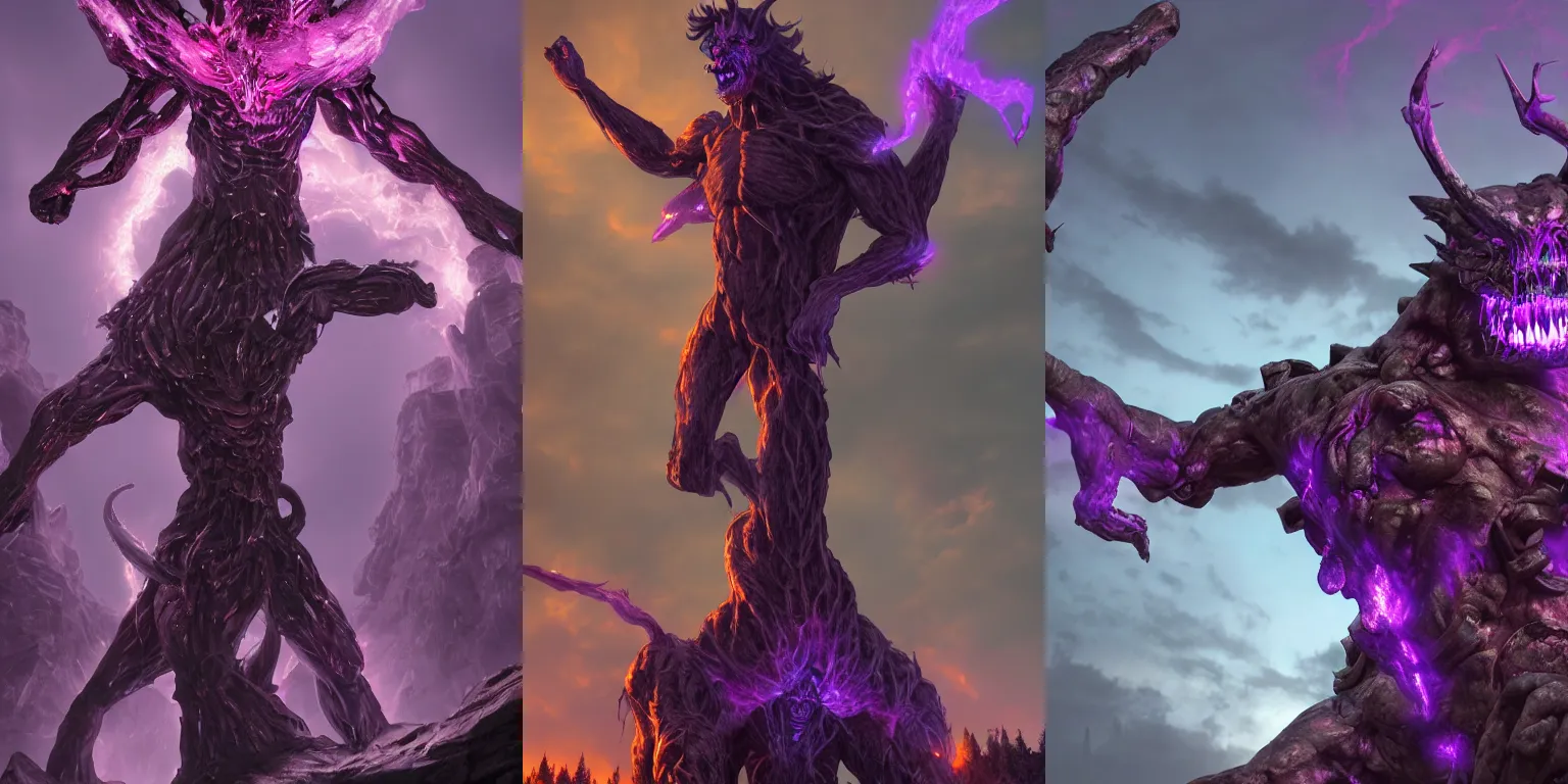 Prompt: Giant demonic abomination statue. Howling. Enchained, chains, restrained. Bloom, volumetric lighting. Purple lighting. Fantasy, digital painting, HD, 4k, detailed, vibrant, concept art.