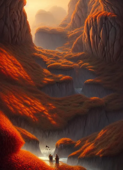 Image similar to autumn mornings in the low - poly cliffs of illusions, diffuse lighting, fantasy, intricate, surrealism!!!!, highly detailed, lifelike, photorealistic, digital painting, artstation, illustration, concept art, smooth, sharp focus, by greg rutkowski, chris tulloch mccabe, valentina remenar and asher duran,