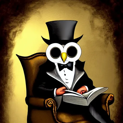 Prompt: a well-dressed owl wearing a monocle and a top hat, sitting in an armchair and reading a book, digital art, 4k