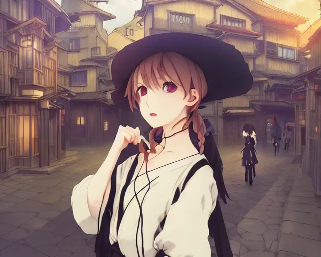 Prompt: kyoto animation, moody, key anime visual portrait of a young female witch walking through a busy medieval village, dynamic pose, dynamic perspective, cinematic, dramatic lighting, muted colors, detailed silhouette, textured, anime proportions, alphonse mucha, perfect anime face, ilya kuvshinov, yoh yoshinari, takashi murakami