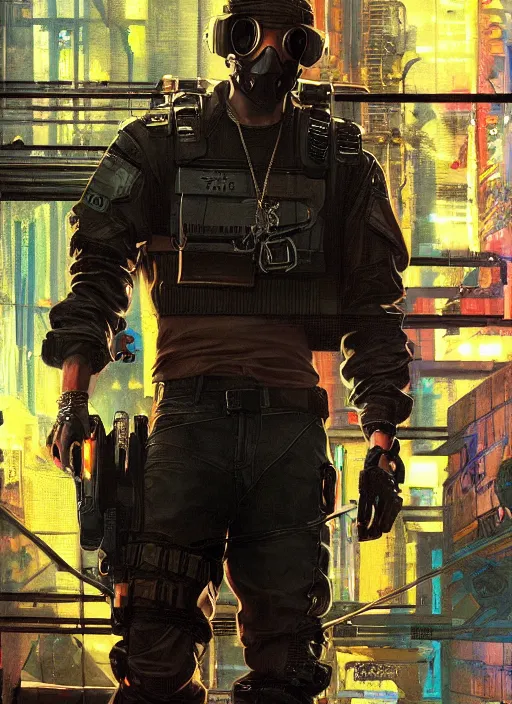 Image similar to Eminem ,Cyberpunk mercenary in tactical gear climbing a security fence. rb6s, (Cyberpunk 2077), blade runner 2049, (matrix). Epic painting by Craig Mullins and Alphonso Mucha. painting with Vivid color.