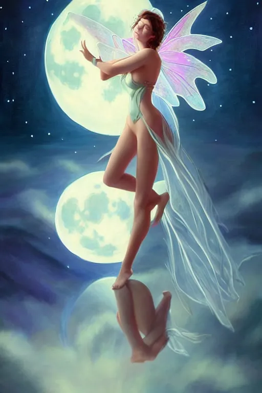 Image similar to attractive fairy magically floating high in the night, fantasy, full moon in background. highly detailed painting by artgerm, mid shot, 8 k