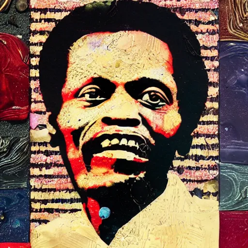 Image similar to a portrait of of chuck berry constructed from berries, collage, drop shadow, organic, layered composition, layers, texture, mcu, highly textured, layered, sculpted, dynamic,