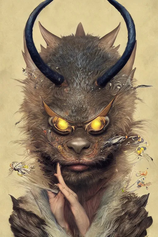 Image similar to a portrait of a japanese devil animal illustrated by miyazaki by karol bak, james jean, tom bagshaw, rococo, sharp focus, trending on artstation, cinematic lighting, hyper realism, octane render, 8 k, hyper detailed, vivid, ultra detailed, highly detailed