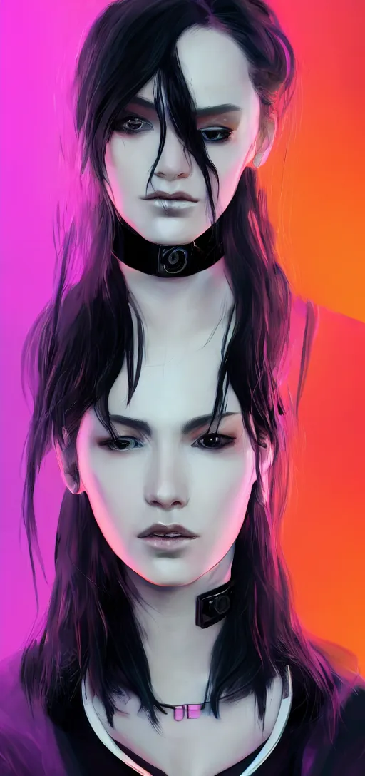 Image similar to headshot artwork of cyberpunk woman wearing thick black choker, collar on neck, realistic, artstation, neon,