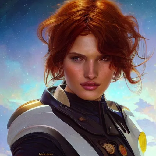 Prompt: ultra realistic illustration, bella thorne starship commander, intricate, elegant, highly detailed, digital painting, artstation, concept art, smooth, sharp focus, illustration, art by artgerm and greg rutkowski and alphonse mucha