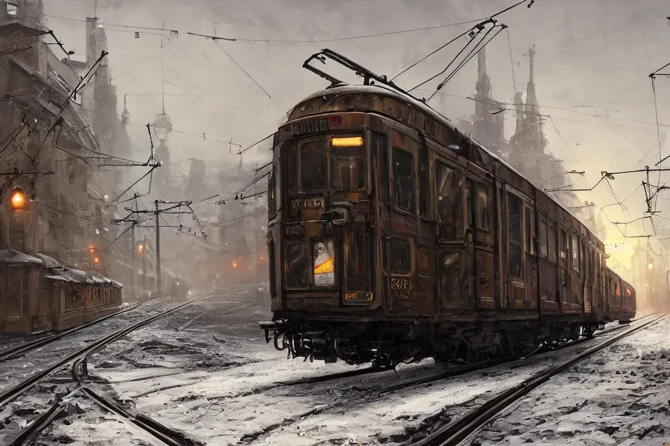 Image similar to highly detailed painting of dieselpunk stockholm, winter, snow, tram on rail tracks, dystopia, by greg rutkowski, by raphael lacoste, 4 k resolution, trending on artstation