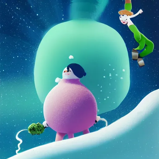 Prompt: a portrait of a mochi snowball - happily eating cannabis cookies with friends, friendly characters snowboarding in a gelatinous environment 3 d rendered in octane, by eyvind earle artgerm