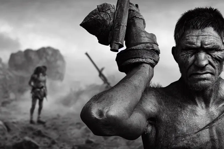 Image similar to still photo of stone age man looking at the camera in a battlefield, black and white color aesthetic, highly detailed, photorealistic portrait, bright studio setting, studio lighting, crisp quality and light reflections, unreal engine 5 quality render