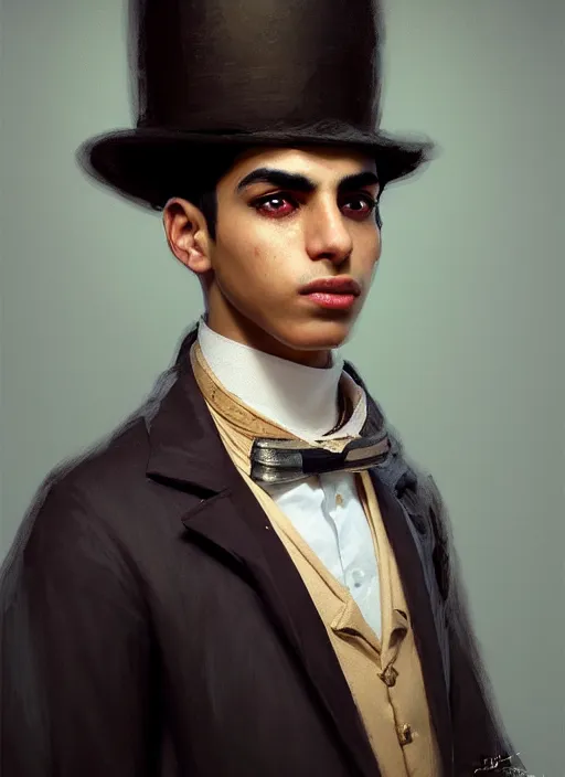 Image similar to a portrait of an egyptian boy with a crooked nose in victorian clothing, confident pose, intricate, elegant, sharp focus, illustration, highly detailed, concept art, matte, trending on artstation, anime, art by james jean and artgerm and brian despain and alberto mielgo, greg rutkowski, wlop, ilya kuvshinov, strong strokes