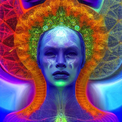 Prompt: hallucionational imaginery spirits, gaia, human form with peacock tail for a head, xray art, fractal, symmetrical, in the style of pablo amaringo, alex grey, psychedelic, beautiful, imaginative, octane render 4 k
