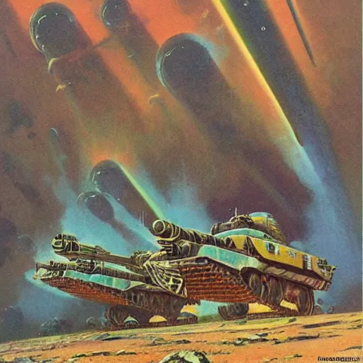 Image similar to tank battalion in the acid plains of mars, 1 9 5 0 s vintage sci - fi art, by bruce pennington